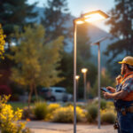 A photograph of a lighting contractor installing tall solar lights in a landscaped outdoor setting