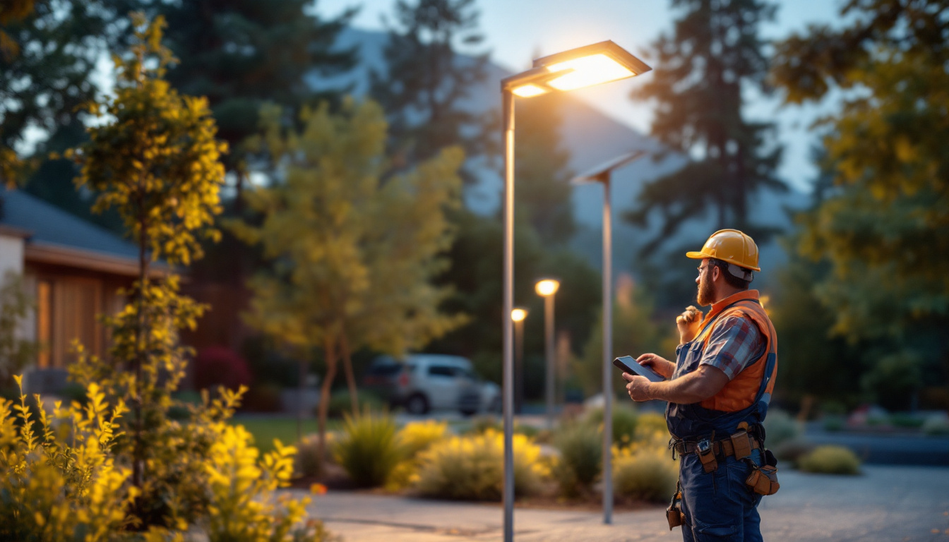 A photograph of a lighting contractor installing tall solar lights in a landscaped outdoor setting