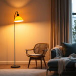 A photograph of a stylish floor lamp in a well-lit living space