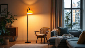 A photograph of a stylish floor lamp in a well-lit living space