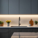 A photograph of a beautifully designed kitchen featuring under counter lighting that highlights the countertops and cabinetry