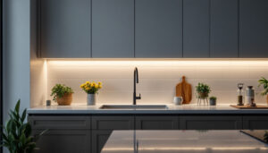 A photograph of a beautifully designed kitchen featuring under counter lighting that highlights the countertops and cabinetry