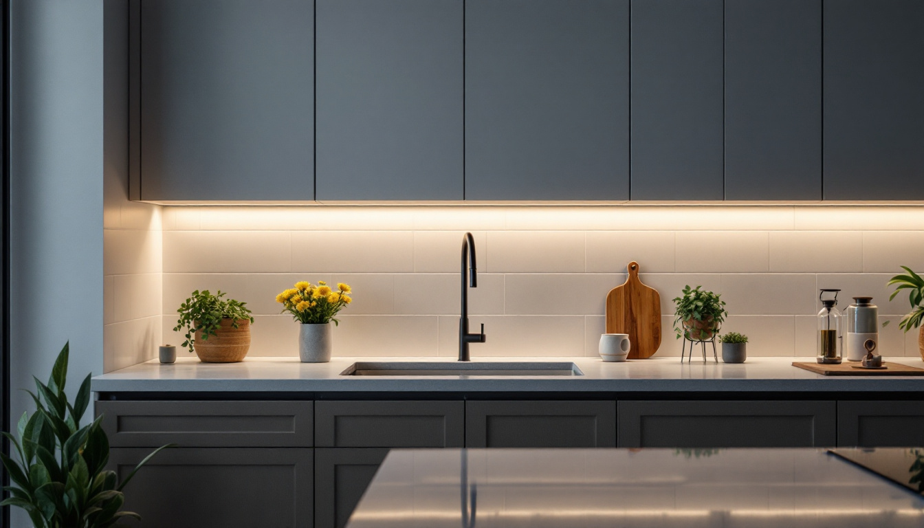 A photograph of a beautifully designed kitchen featuring under counter lighting that highlights the countertops and cabinetry