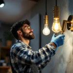 A photograph of a skilled lighting contractor expertly installing or adjusting stylish lighting fixtures in a modern residential or commercial space
