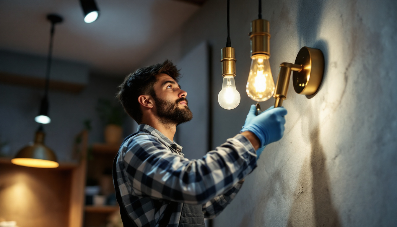 A photograph of a skilled lighting contractor expertly installing or adjusting stylish lighting fixtures in a modern residential or commercial space