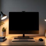 A photograph of a well-lit workspace featuring various edge-lit lighting fixtures alongside traditional lighting options
