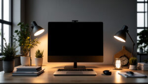A photograph of a well-lit workspace featuring various edge-lit lighting fixtures alongside traditional lighting options