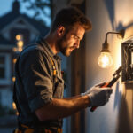 A photograph of a lighting contractor installing an electric box extension in a residential setting