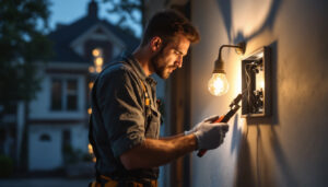 A photograph of a lighting contractor installing an electric box extension in a residential setting