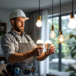 A photograph of a lighting contractor expertly installing a variety of innovative light bulbs in a modern home setting