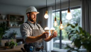 A photograph of a lighting contractor expertly installing a variety of innovative light bulbs in a modern home setting