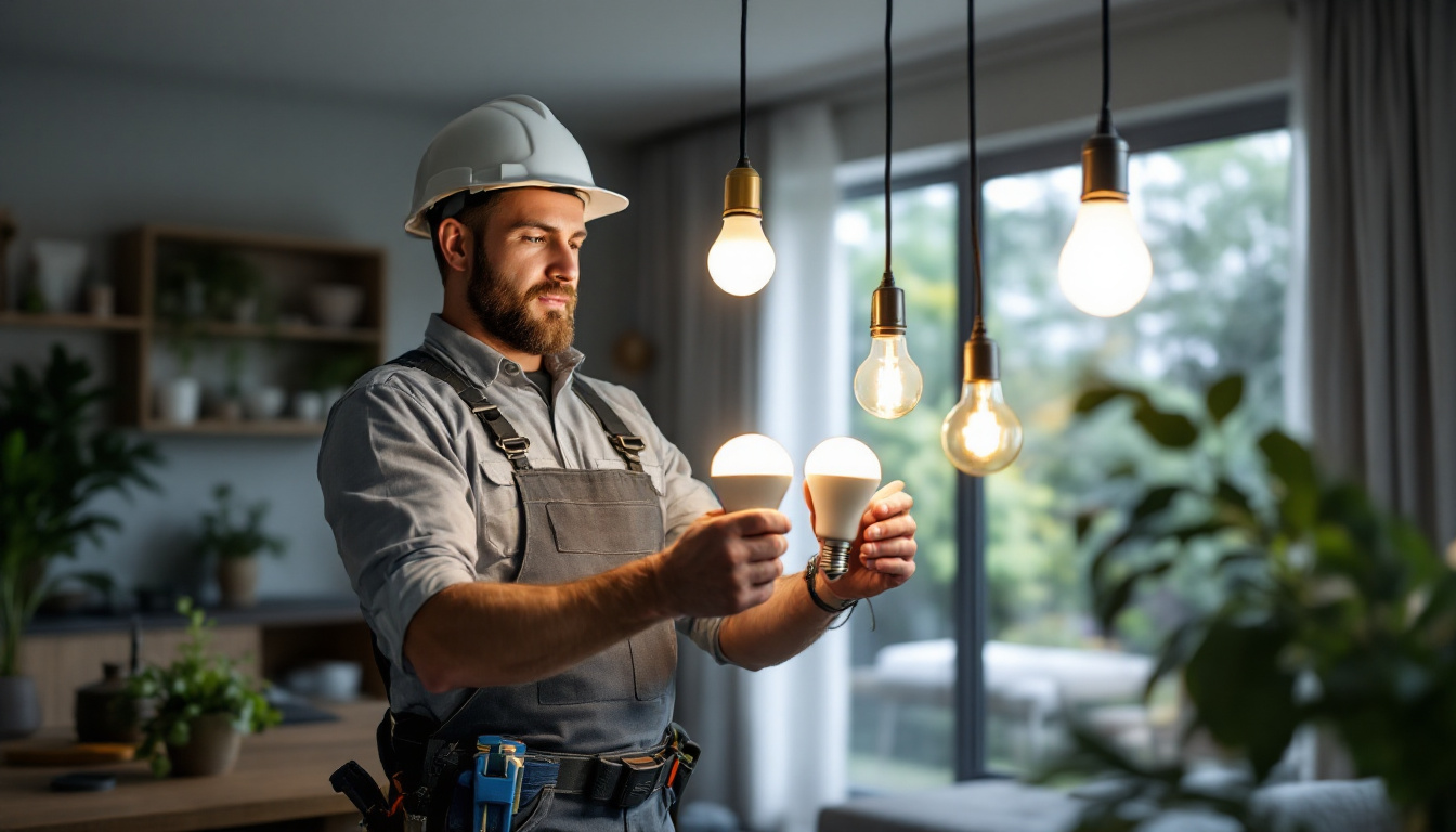 A photograph of a lighting contractor expertly installing a variety of innovative light bulbs in a modern home setting