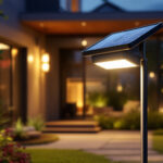 A photograph of a solar led lamp installed in a modern outdoor setting