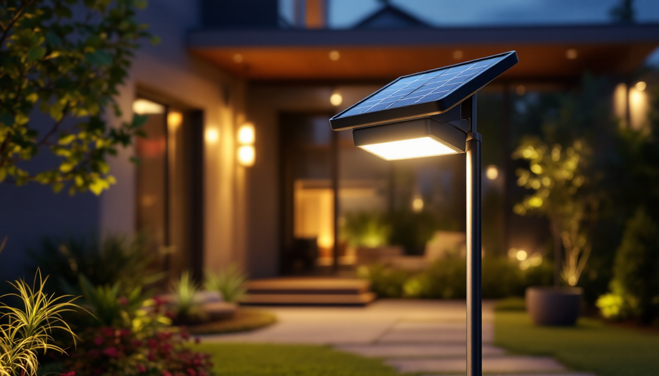 A photograph of a solar led lamp installed in a modern outdoor setting