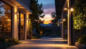A photograph of a beautifully illuminated outdoor space at dusk