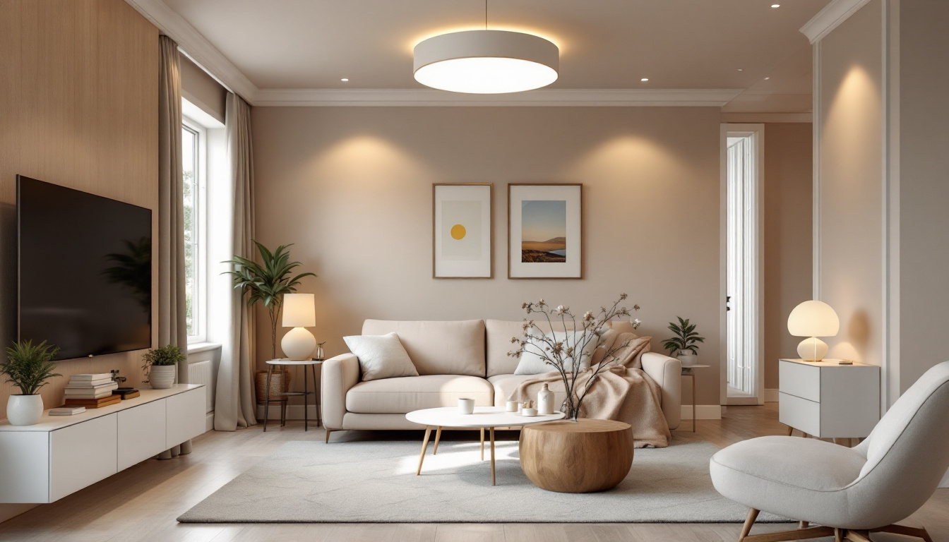 A photograph of a beautifully designed living room showcasing various ceiling lighting options