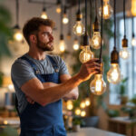 A photograph of a lighting contractor expertly installing a variety of lamp bulbs in a beautifully lit space