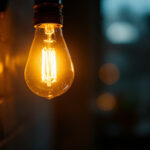 A photograph of a close-up of a flickering light bulb in a dimly lit room