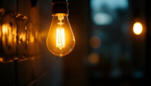 A photograph of a close-up of a flickering light bulb in a dimly lit room