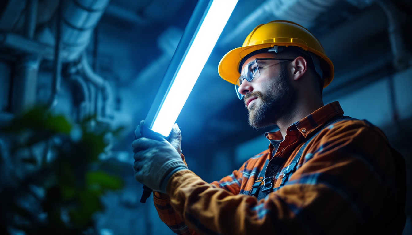 A photograph of a lighting contractor in action