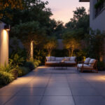 A photograph of a beautifully lit outdoor space featuring can lights installed in various settings