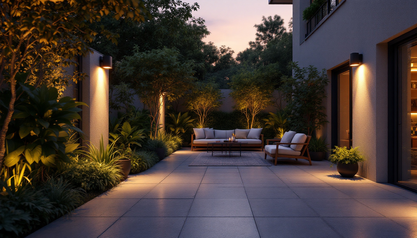 A photograph of a beautifully lit outdoor space featuring can lights installed in various settings
