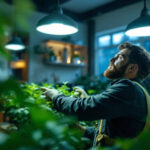 A photograph of a lighting contractor installing or showcasing energy-efficient grow led lamps in a modern residential or commercial setting