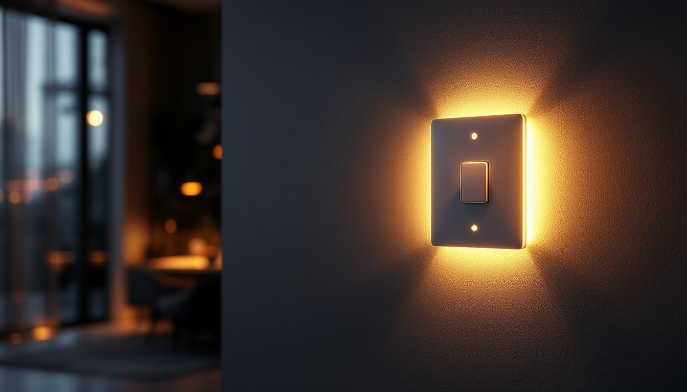 A photograph of a stylishly designed lit light switch in a modern interior setting