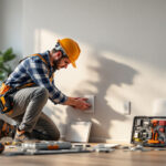 A photograph of a lighting contractor installing or inspecting a variety of electrical box cover plates in a well-lit