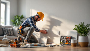 A photograph of a lighting contractor installing or inspecting a variety of electrical box cover plates in a well-lit