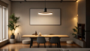 A photograph of a stylish modern lighting fixture in a well-designed interior setting
