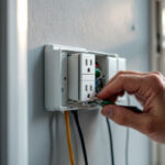 A photograph of a lighting contractor installing or inspecting an electrical receptacle box in a residential or commercial setting