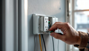 A photograph of a lighting contractor installing or inspecting an electrical receptacle box in a residential or commercial setting