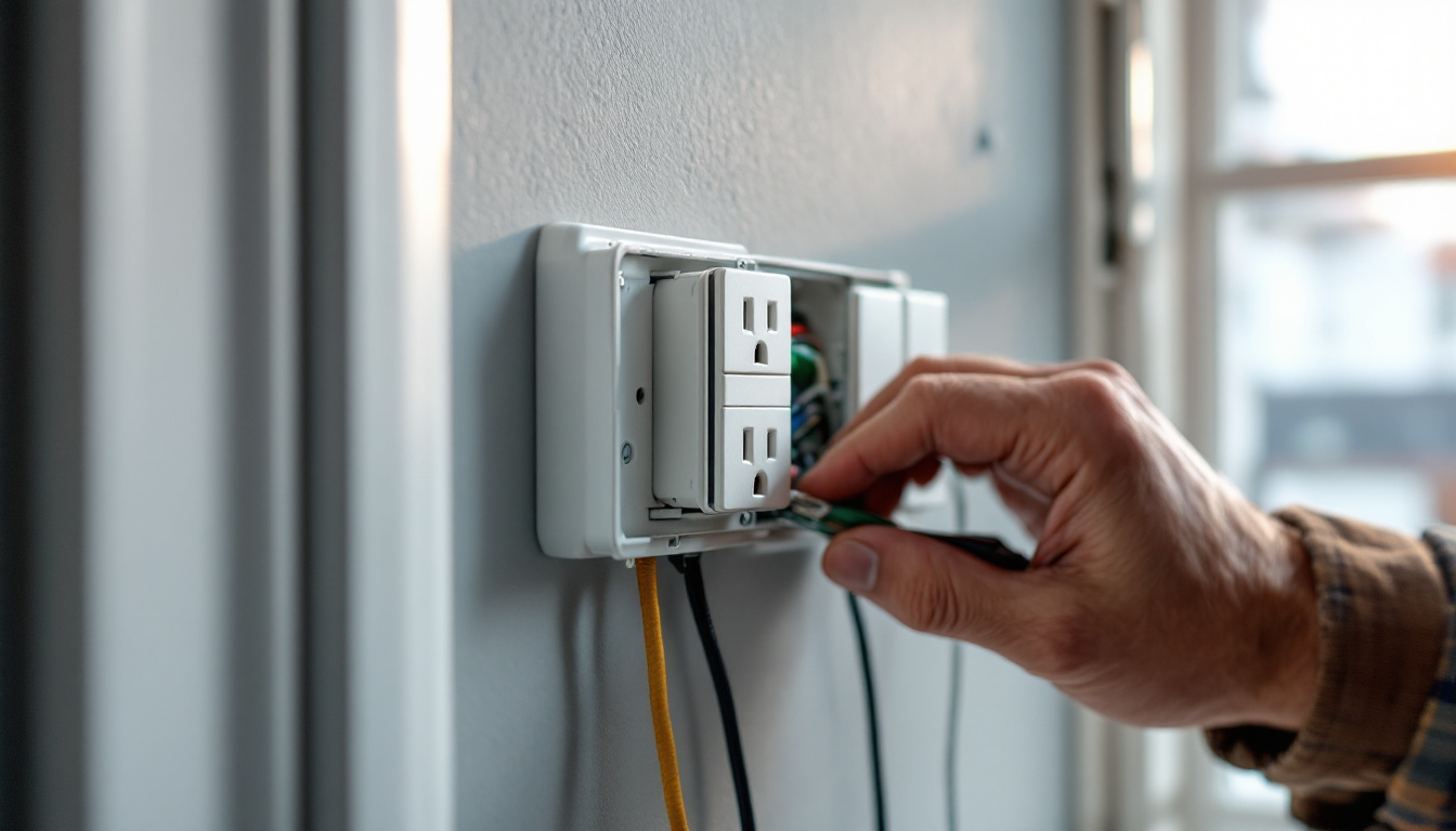 A photograph of a lighting contractor installing or inspecting an electrical receptacle box in a residential or commercial setting