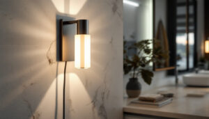 A photograph of a stylishly designed bright wall lamp installed in a modern bathroom setting