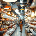 A photograph of a well-organized display of various types of light fixtures at a home depot store