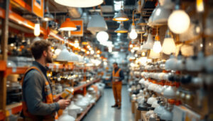 A photograph of a well-organized display of various types of light fixtures at a home depot store