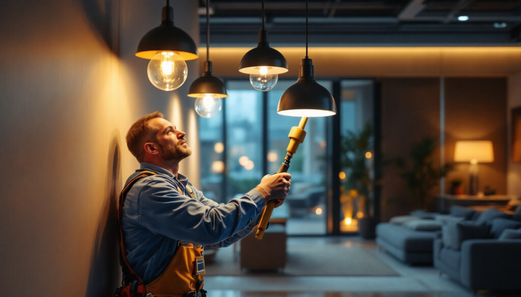 A photograph of a lighting contractor expertly installing innovative lighting fixtures in a modern residential or commercial space