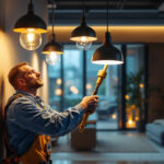 A photograph of a lighting contractor expertly installing innovative lighting fixtures in a modern residential or commercial space