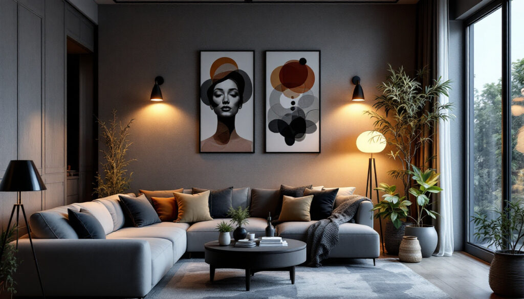 A photograph of a beautifully designed living space featuring a variety of stylish light fixtures