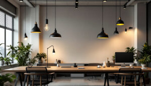A photograph of a modern office space featuring a variety of lighting fixtures