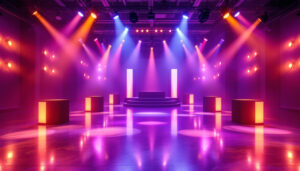 A photograph of a beautifully illuminated event space showcasing various uplighting techniques