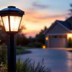 A photograph of a stylish driveway solar lamp post illuminated at dusk