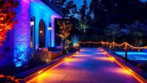 A photograph of a beautifully illuminated outdoor space featuring led tape lighting