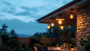 A photograph of a beautifully designed outdoor ceiling lamp illuminated in a serene evening setting