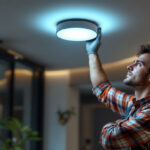 A photograph of a skilled lighting contractor installing a sleek surface mount light fixture in a modern interior space