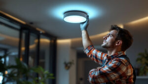 A photograph of a skilled lighting contractor installing a sleek surface mount light fixture in a modern interior space