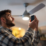 A photograph of capture a photograph of a lighting contractor installing a ceiling fan controller
