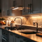 A photograph of a well-lit kitchen with stylish under-cabinet lighting that highlights the countertops and creates a warm