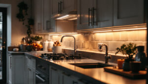 A photograph of a well-lit kitchen with stylish under-cabinet lighting that highlights the countertops and creates a warm